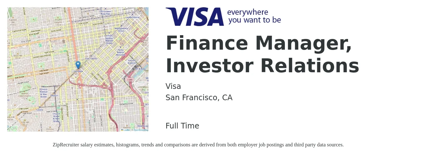 Visa job posting for a Finance Manager, Investor Relations in San Francisco, CA with a salary of $97,200 to $180,300 Yearly with a map of San Francisco location.