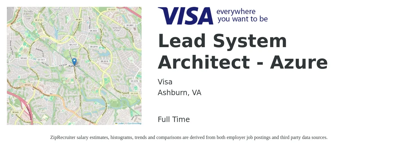 Visa job posting for a Lead System Architect - Azure in Ashburn, VA with a salary of $48 to $64 Hourly with a map of Ashburn location.