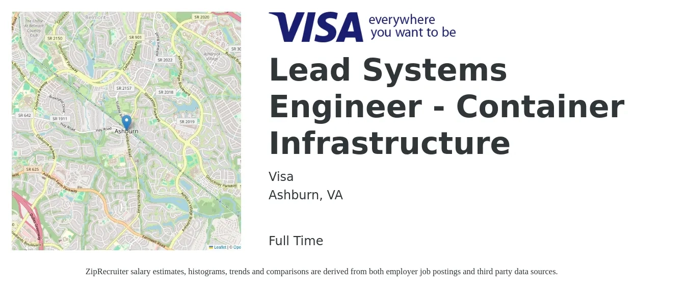Visa job posting for a Lead Systems Engineer - Container Infrastructure in Ashburn, VA with a salary of $109,900 to $144,200 Yearly with a map of Ashburn location.