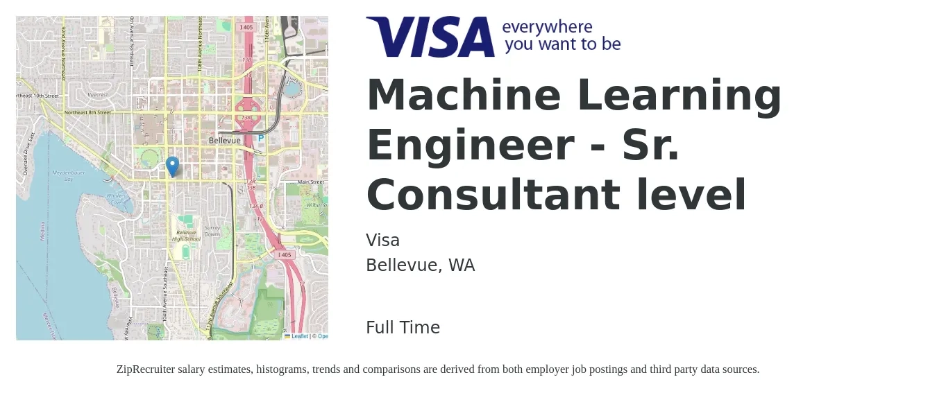 Visa job posting for a Machine Learning Engineer - Sr. Consultant level in Bellevue, WA with a salary of $129,200 to $177,200 Yearly with a map of Bellevue location.