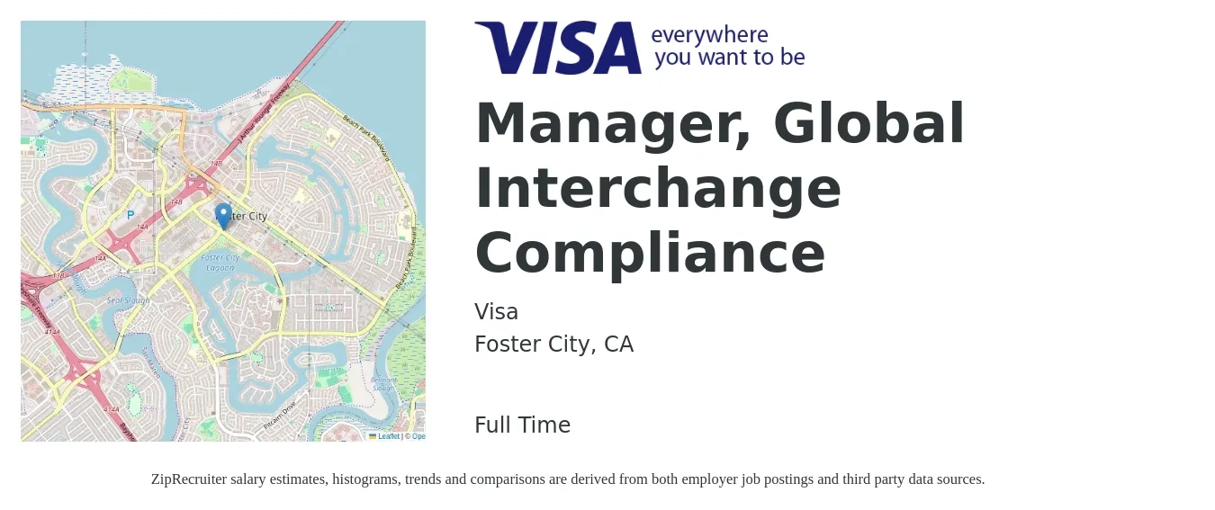 Visa job posting for a Manager, Global Interchange Compliance in Foster City, CA with a salary of $81,600 to $135,800 Yearly with a map of Foster City location.