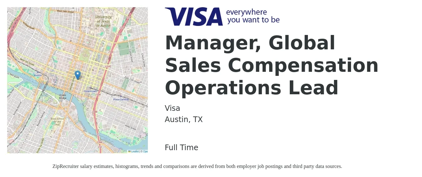 Visa job posting for a Manager, Global Sales Compensation Operations Lead in Austin, TX with a salary of $150,700 Yearly with a map of Austin location.