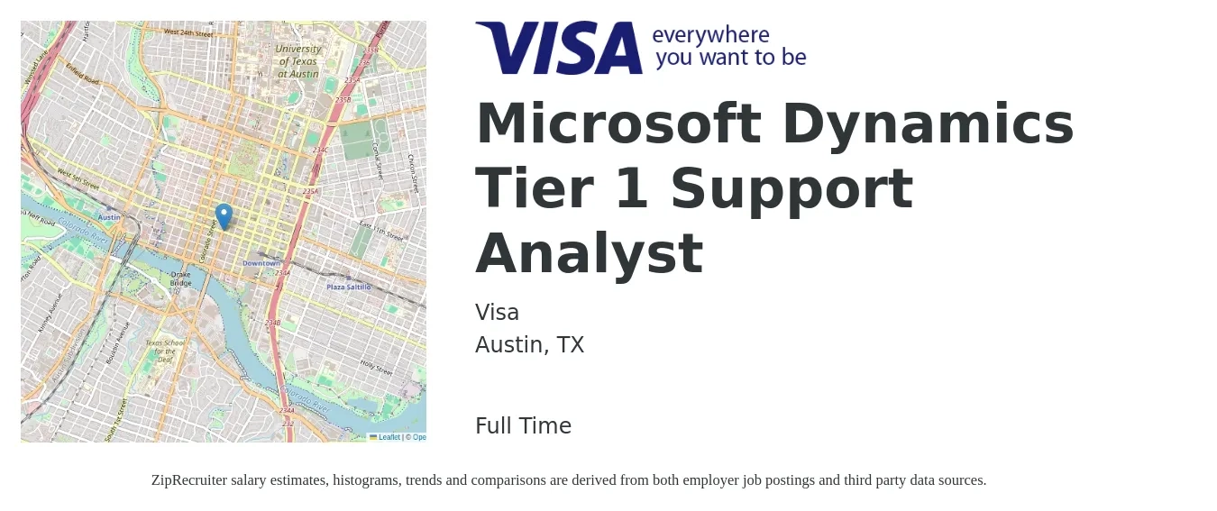 Visa job posting for a Microsoft Dynamics Tier 1 Support Analyst in Austin, TX with a salary of $23 to $39 Hourly with a map of Austin location.