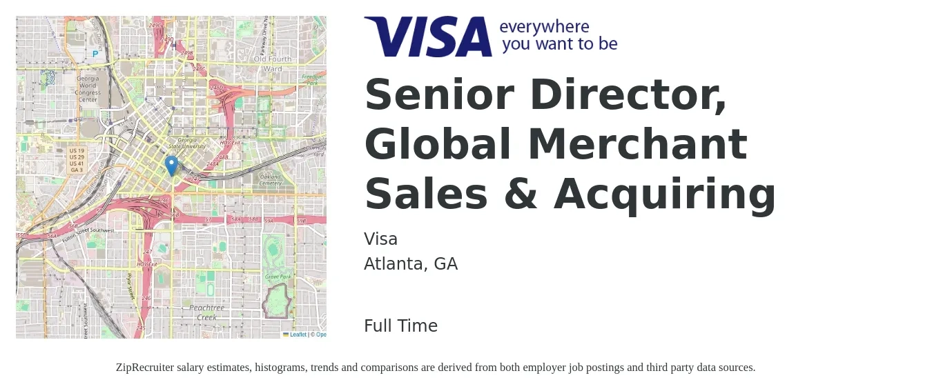 Visa job posting for a Senior Director, Global Merchant Sales & Acquiring in Atlanta, GA with a salary of $72,100 to $150,000 Yearly with a map of Atlanta location.