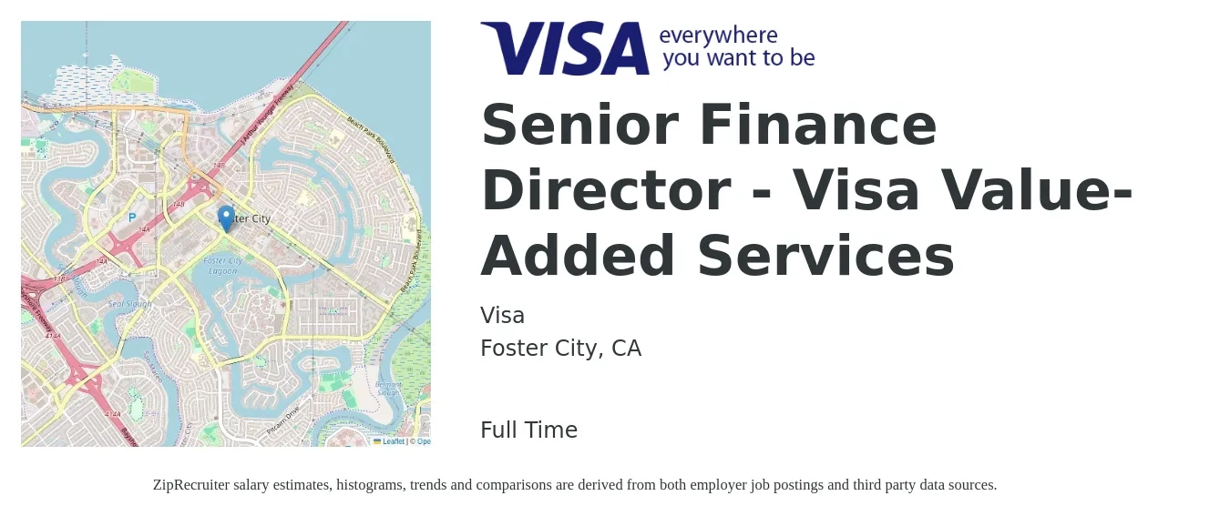 Visa job posting for a Senior Finance Director - Visa Value-Added Services in Foster City, CA with a salary of $143,400 to $204,000 Yearly with a map of Foster City location.
