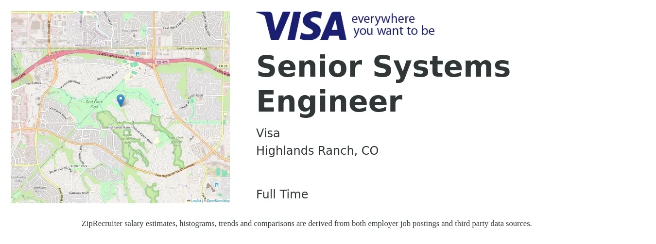 Visa job posting for a Senior Systems Engineer in Highlands Ranch, CO with a salary of $109,700 to $150,100 Yearly with a map of Highlands Ranch location.