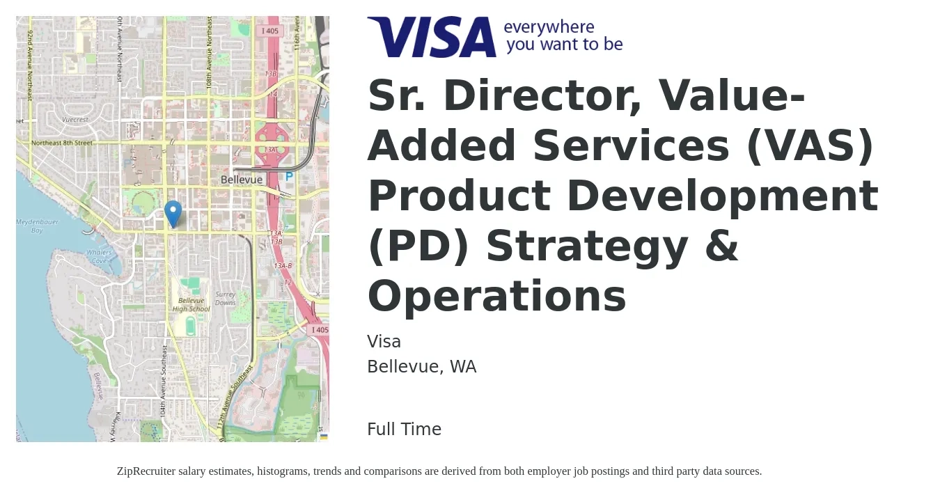 Visa job posting for a Sr. Director, Value-Added Services (VAS) Product Development (PD) Strategy & Operations in Bellevue, WA with a salary of $148,400 to $209,400 Yearly with a map of Bellevue location.