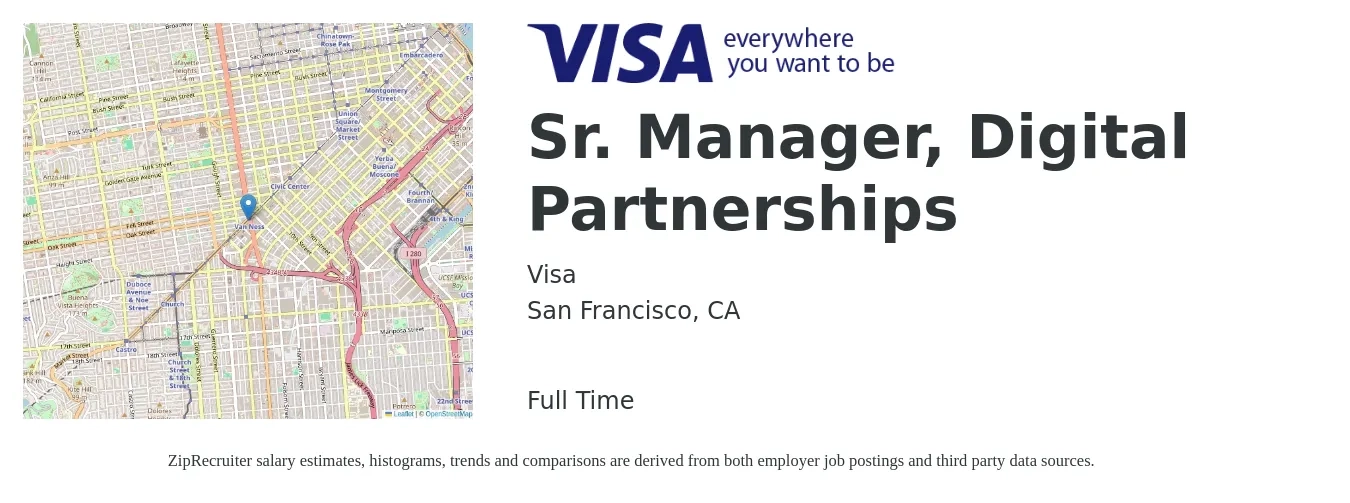 Visa job posting for a Sr. Manager, Digital Partnerships in San Francisco, CA with a map of San Francisco location.