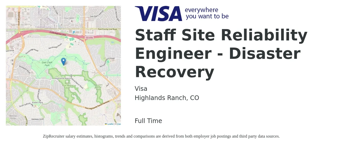 Visa job posting for a Staff Site Reliability Engineer - Disaster Recovery in Highlands Ranch, CO with a salary of $60 to $80 Hourly with a map of Highlands Ranch location.