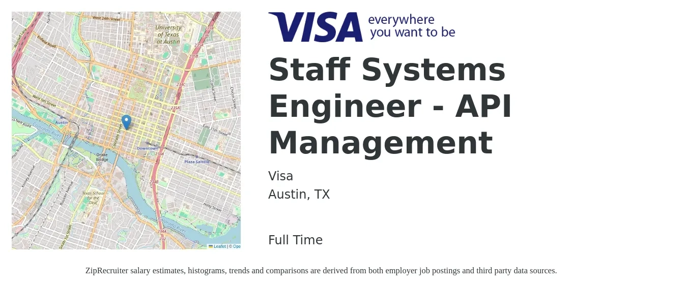Visa job posting for a Staff Systems Engineer - API Management in Austin, TX with a salary of $97,100 to $155,600 Yearly with a map of Austin location.