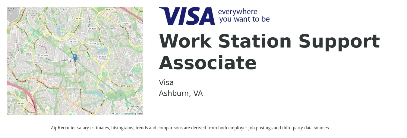 Visa job posting for a Work Station Support Associate in Ashburn, VA with a salary of $20 to $28 Hourly with a map of Ashburn location.