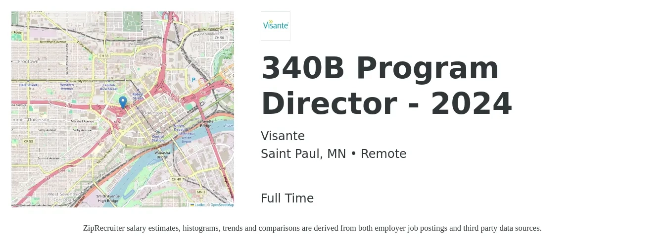 Visante job posting for a 340B Program Director - 2024 in Saint Paul, MN with a salary of $53,600 to $93,600 Yearly with a map of Saint Paul location.