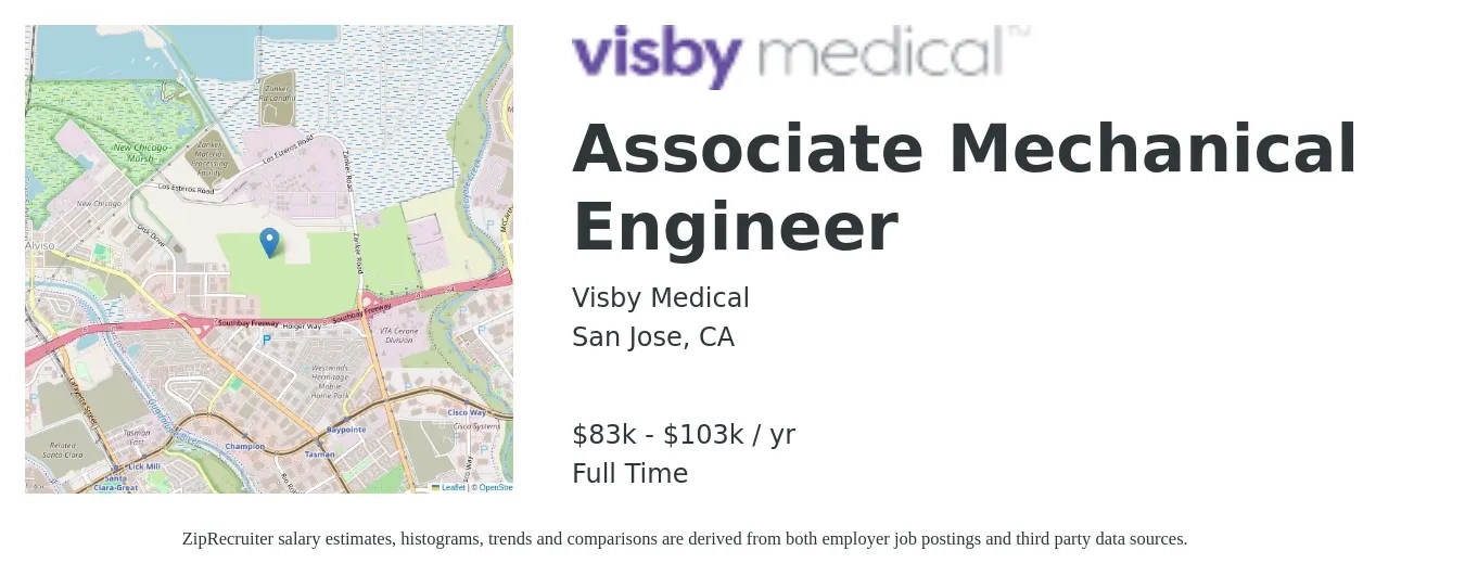 Visby Medical job posting for a Associate Mechanical Engineer in San Jose, CA with a salary of $83,054 to $103,818 Yearly with a map of San Jose location.