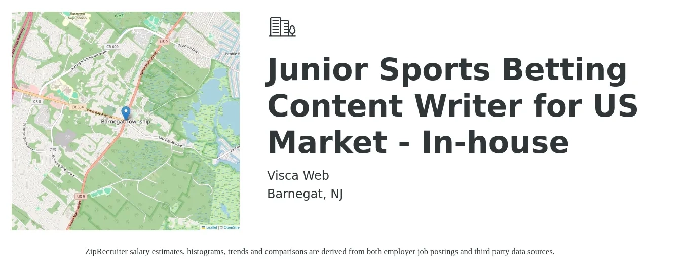 Visca Web job posting for a Junior Sports Betting Content Writer for US Market - In-house in Barnegat, NJ with a salary of $26 to $51 Hourly with a map of Barnegat location.