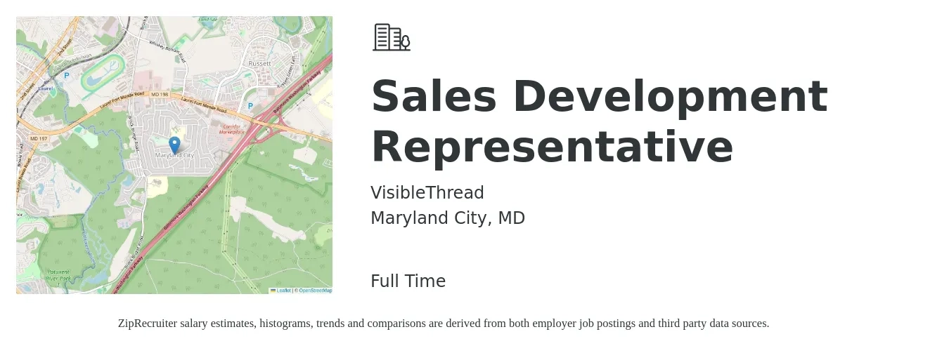 VisibleThread job posting for a Sales Development Representative in Maryland City, MD with a salary of $43,100 to $62,600 Yearly with a map of Maryland City location.