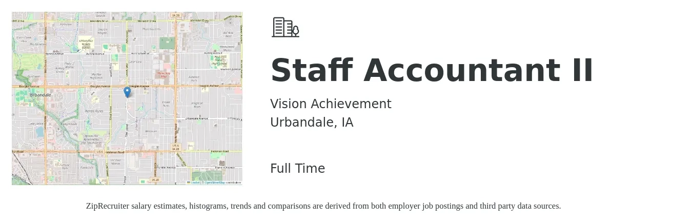 Vision Achievement job posting for a Staff Accountant II in Urbandale, IA with a salary of $52,100 to $68,600 Yearly with a map of Urbandale location.