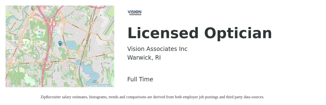 Vision Associates Inc job posting for a Licensed Optician in Warwick, RI with a salary of $20 to $30 Hourly with a map of Warwick location.