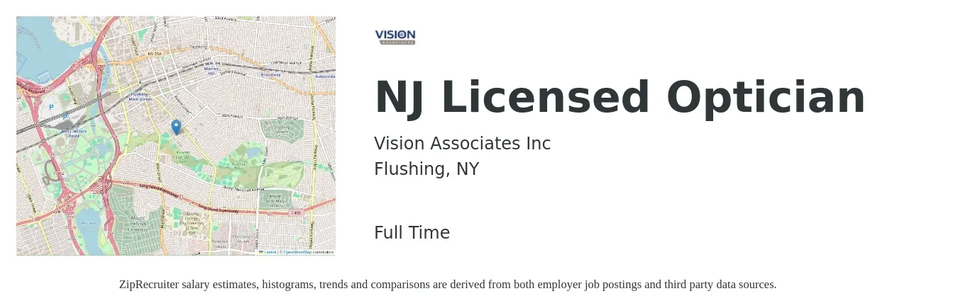 Vision Associates Inc job posting for a NJ Licensed Optician in Flushing, NY with a salary of $22 to $31 Hourly with a map of Flushing location.