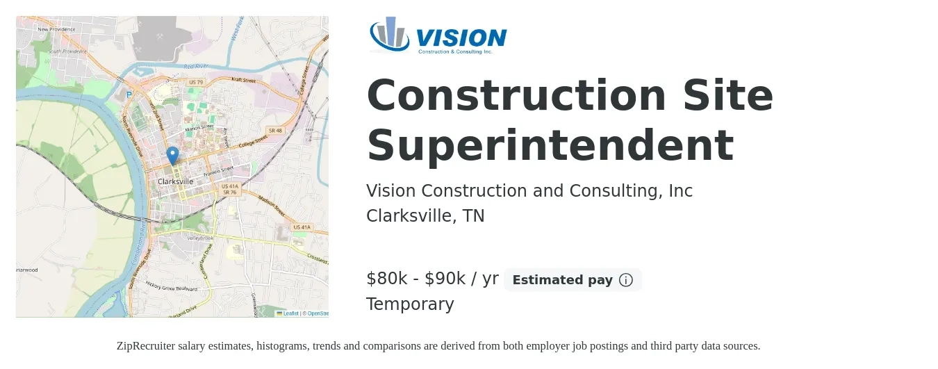 Vision Construction and Consulting, Inc job posting for a Construction Site Superintendent in Clarksville, TN with a salary of $80,000 to $90,000 Yearly with a map of Clarksville location.