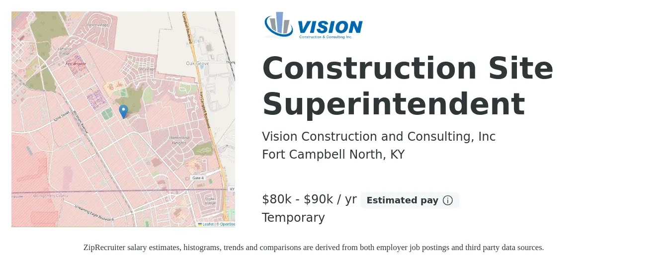 Vision Construction and Consulting, Inc job posting for a Construction Site Superintendent in Fort Campbell North, KY with a salary of $80,000 to $90,000 Yearly with a map of Fort Campbell North location.