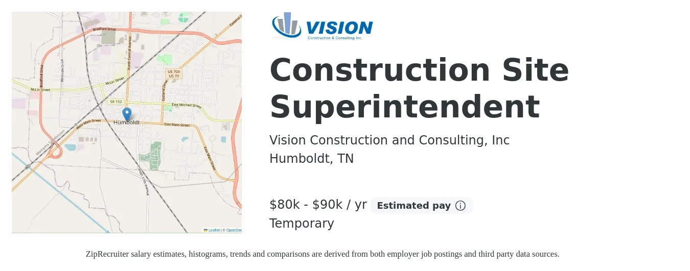Vision Construction and Consulting, Inc job posting for a Construction Site Superintendent in Humboldt, TN with a salary of $80,000 to $90,000 Yearly with a map of Humboldt location.