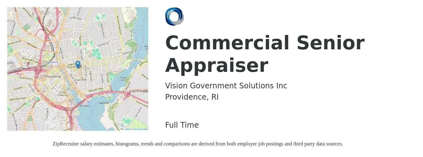 Vision Government Solutions Inc job posting for a Commercial Senior Appraiser in Providence, RI with a salary of $55,100 to $86,900 Yearly with a map of Providence location.