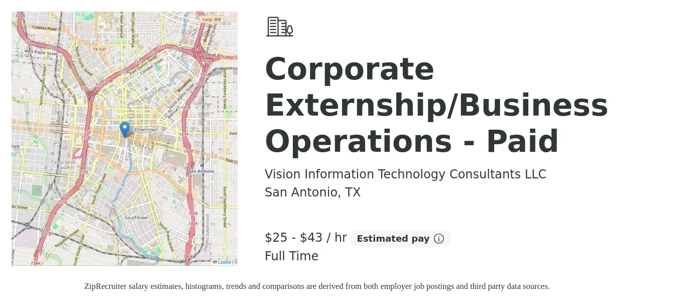 Vision Information Technology Consultants LLC job posting for a Corporate Externship/Business Operations - Paid in San Antonio, TX with a salary of $55,000 to $95,000 Yearly with a map of San Antonio location.