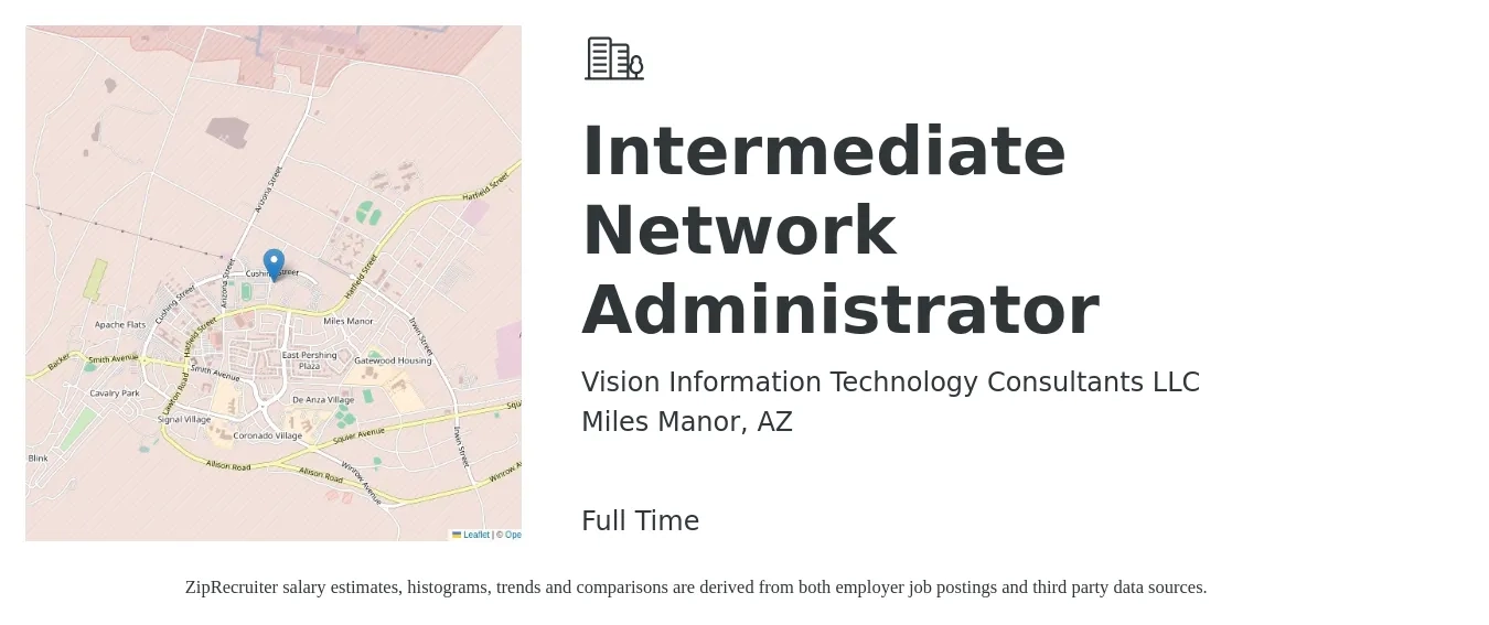 Vision Information Technology Consultants LLC job posting for a Intermediate Network Administrator in Miles Manor, AZ with a salary of $62,900 to $89,900 Yearly with a map of Miles Manor location.