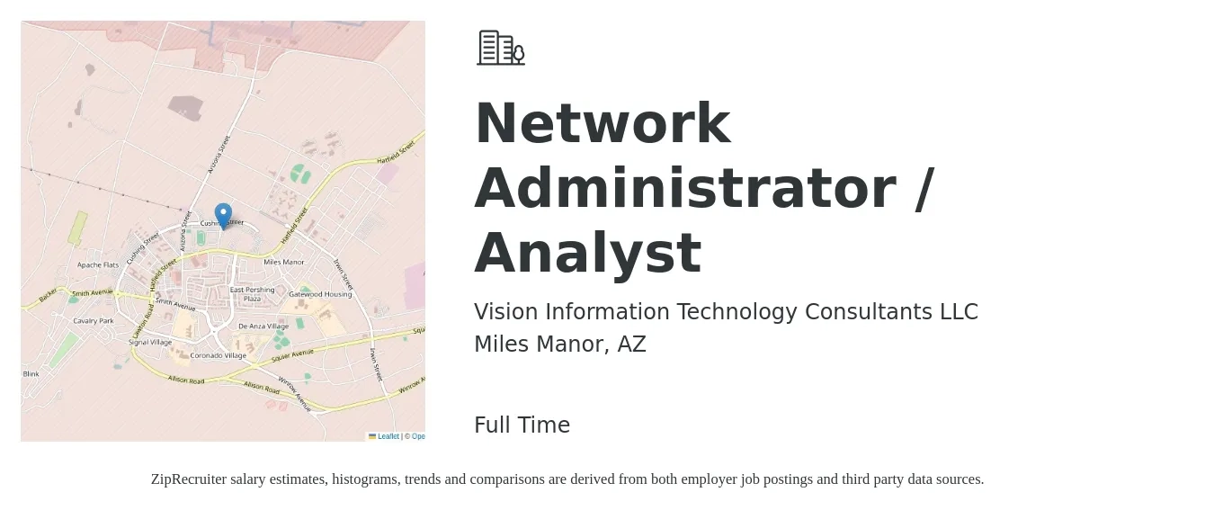 Vision Information Technology Consultants LLC job posting for a Network Administrator / Analyst in Miles Manor, AZ with a salary of $48,000 to $62,000 Yearly with a map of Miles Manor location.
