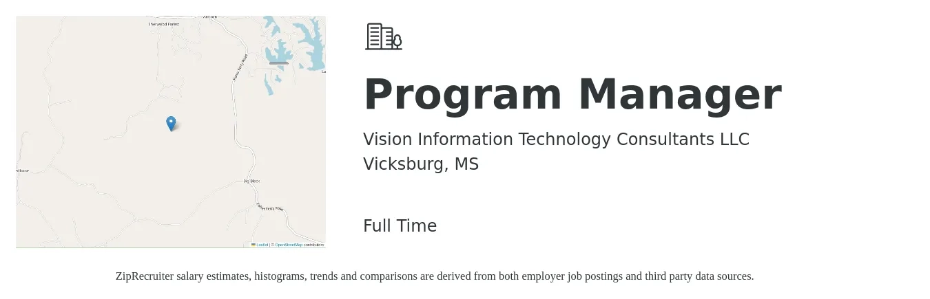 Vision Information Technology Consultants LLC job posting for a Program Manager in Vicksburg, MS with a salary of $63,700 to $106,100 Yearly with a map of Vicksburg location.