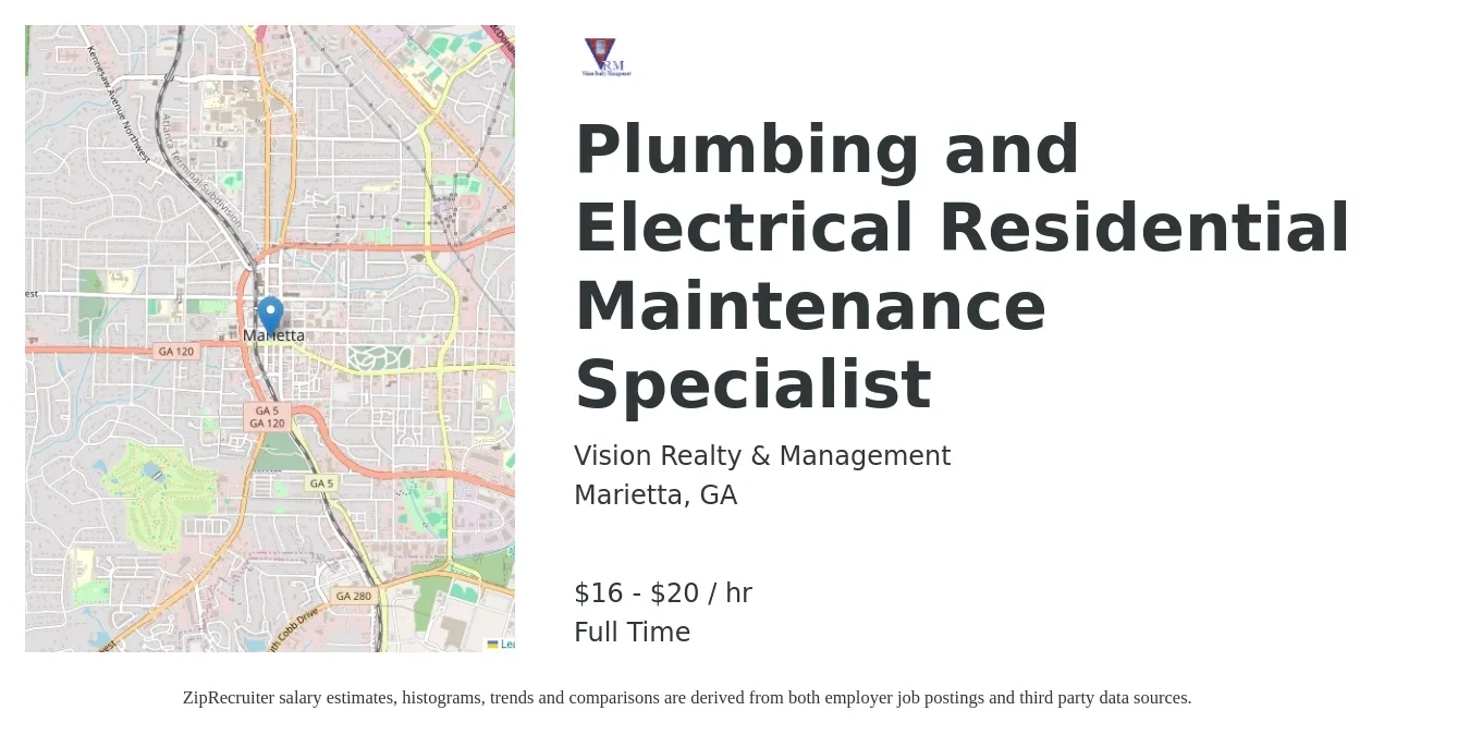 Vision Realty & Management job posting for a Plumbing and Electrical Residential Maintenance Specialist in Marietta, GA with a salary of $21 Hourly with a map of Marietta location.