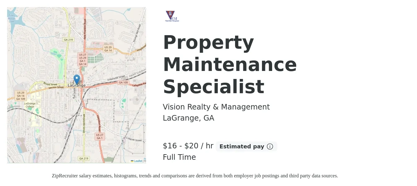 Vision Realty & Management job posting for a Property Maintenance Specialist in LaGrange, GA with a salary of $17 to $21 Hourly with a map of LaGrange location.