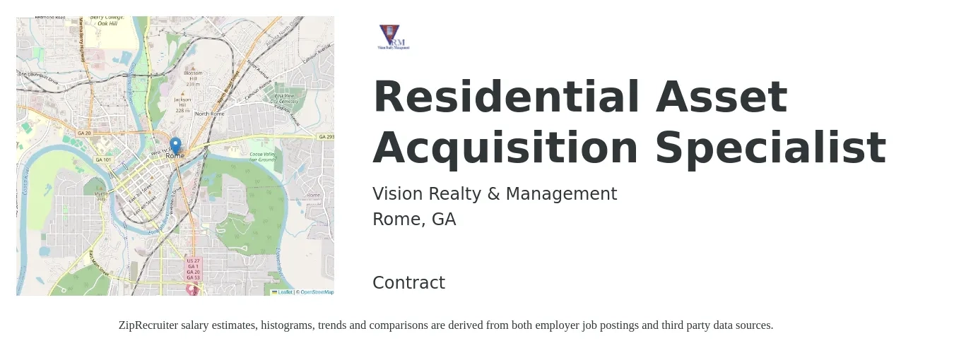 Vision Realty & Management job posting for a Residential Asset Acquisition Specialist in Rome, GA with a salary of $1,500 Weekly with a map of Rome location.