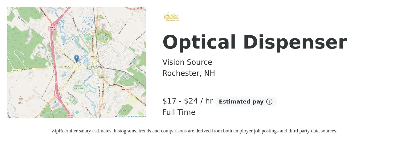 Vision Source job posting for a Optical Dispenser in Rochester, NH with a salary of $18 to $25 Hourly with a map of Rochester location.