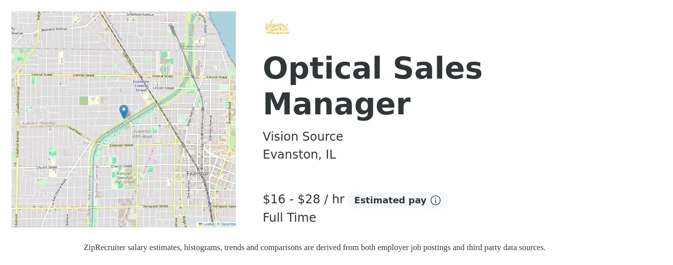 Vision Source job posting for a Optical Sales Manager in Evanston, IL with a salary of $17 to $30 Hourly with a map of Evanston location.