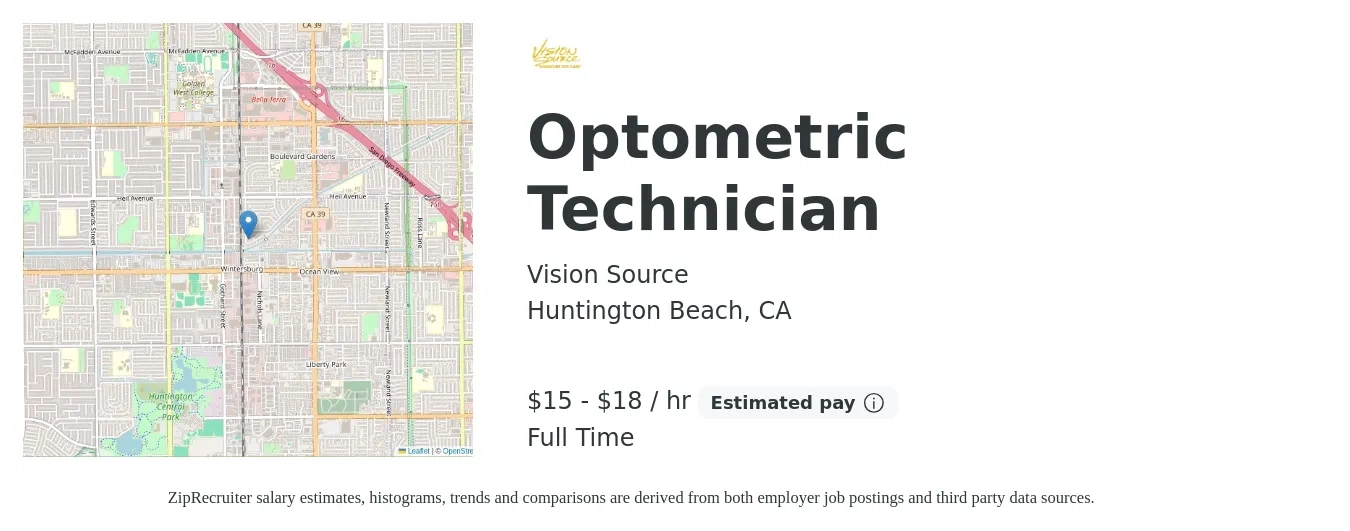 Vision Source job posting for a Optometric Technician in Huntington Beach, CA with a salary of $16 to $19 Hourly with a map of Huntington Beach location.