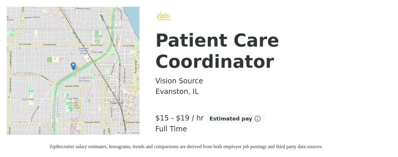 Vision Source job posting for a Patient Care Coordinator in Evanston, IL with a salary of $16 to $20 Hourly with a map of Evanston location.