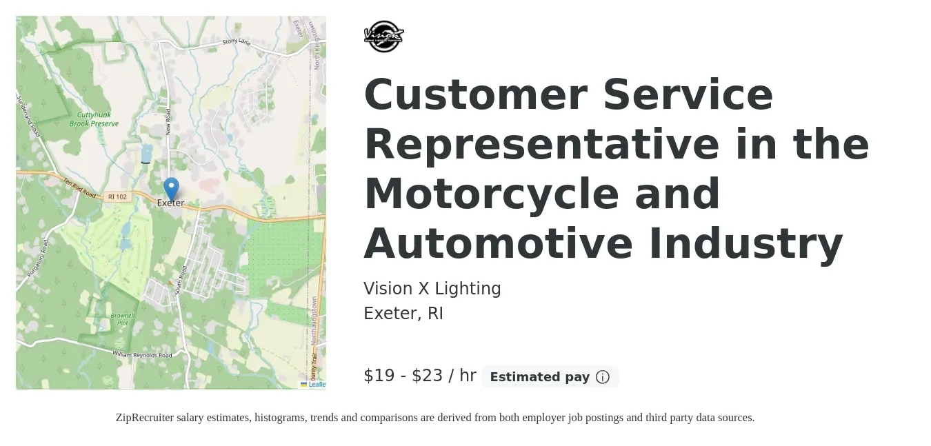 Vision X Lighting job posting for a Customer Service Representative in the Motorcycle and Automotive Industry in Exeter, RI with a salary of $20 to $24 Hourly with a map of Exeter location.