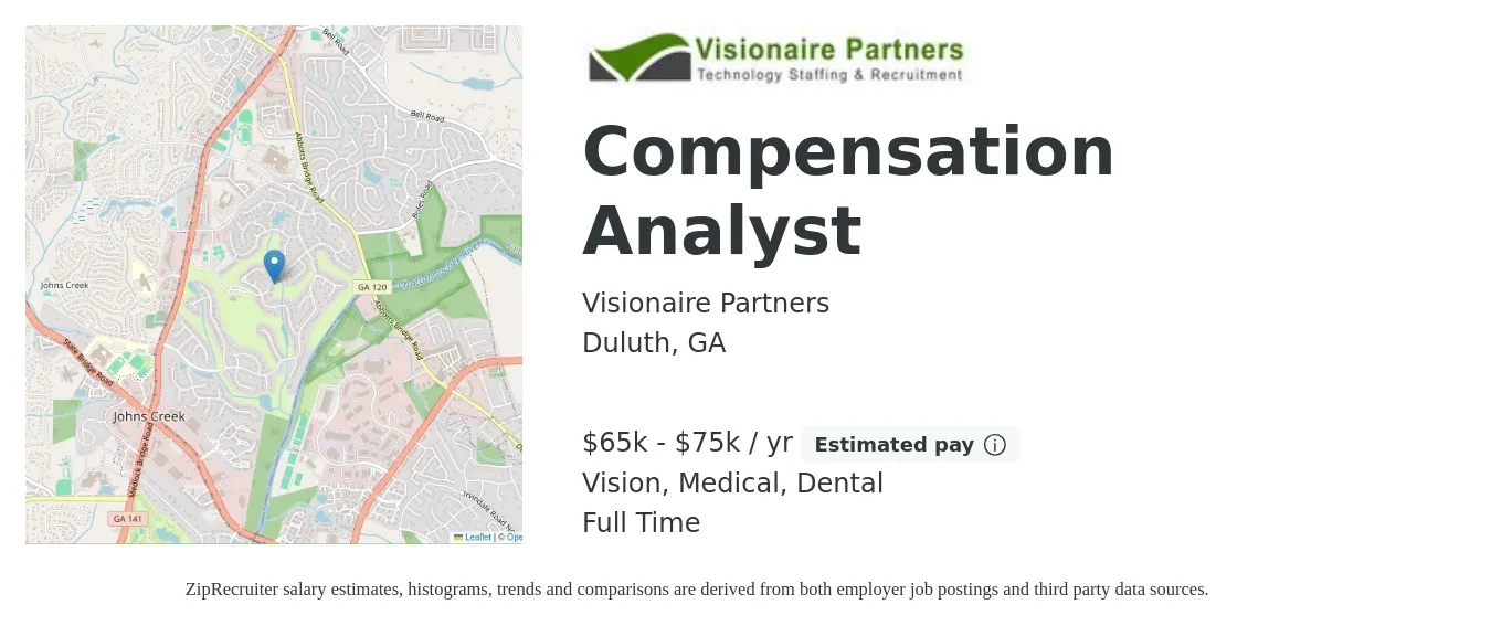 Visionaire Partners job posting for a Compensation Analyst in Duluth, GA with a salary of $65,000 to $75,000 Yearly and benefits including retirement, vision, dental, life_insurance, medical, and pto with a map of Duluth location.