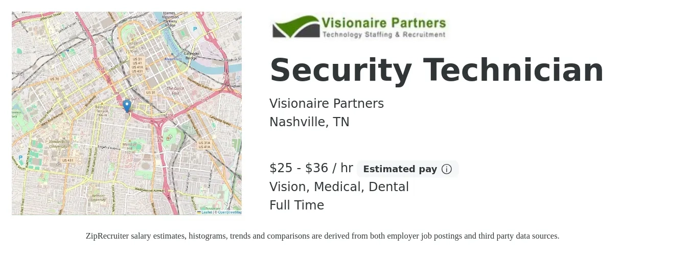 Visionaire Partners job posting for a Security Technician in Nashville, TN with a salary of $27 to $38 Hourly and benefits including vision, dental, life_insurance, medical, pto, and retirement with a map of Nashville location.