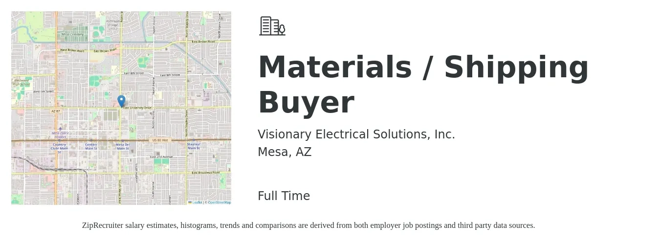 Visionary Electrical Solutions, Inc. job posting for a Materials / Shipping Buyer in Mesa, AZ with a salary of $24 to $33 Hourly with a map of Mesa location.