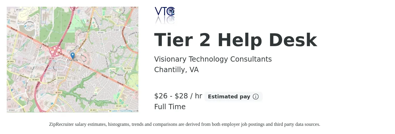 Visionary Technology Consultants job posting for a Tier 2 Help Desk in Chantilly, VA with a salary of $28 to $30 Hourly with a map of Chantilly location.