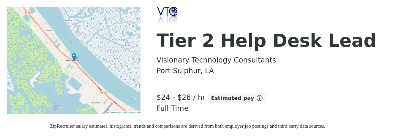 Visionary Technology Consultants job posting for a Tier 2 Help Desk Lead in Port Sulphur, LA with a salary of $25 to $28 Hourly with a map of Port Sulphur location.