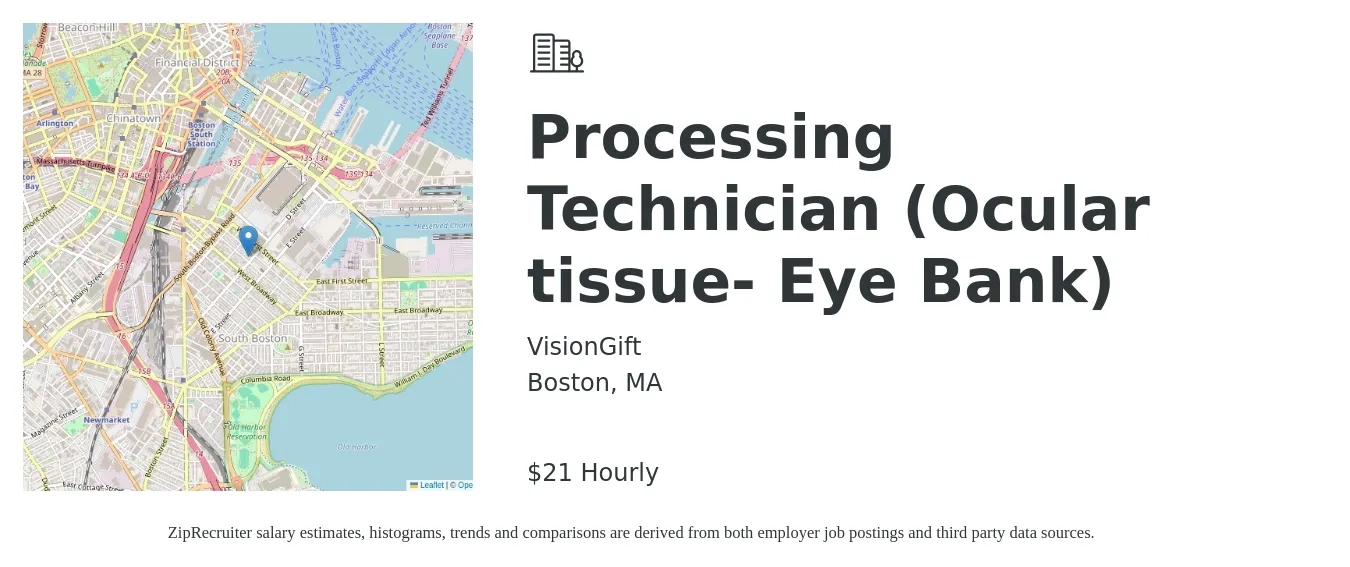 VisionGift job posting for a Processing Technician (Ocular tissue- Eye Bank) in Boston, MA with a salary of $22 Hourly with a map of Boston location.