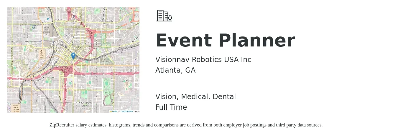 Visionnav Robotics USA Inc job posting for a Event Planner in Atlanta, GA with a salary of $24 to $35 Hourly and benefits including dental, life_insurance, medical, pto, retirement, and vision with a map of Atlanta location.
