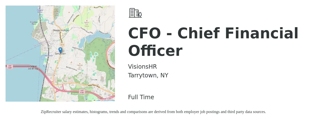 VisionsHR job posting for a CFO - Chief Financial Officer in Tarrytown, NY with a salary of $149,300 to $423,500 Yearly with a map of Tarrytown location.