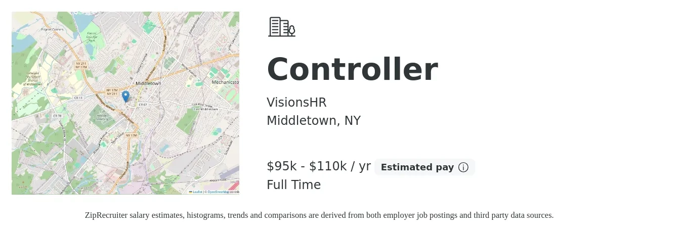 VisionsHR job posting for a Controller in Middletown, NY with a salary of $95,000 to $110,000 Yearly with a map of Middletown location.