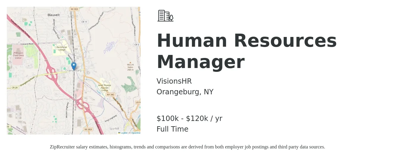 VisionsHR job posting for a Human Resources Manager in Orangeburg, NY with a salary of $100,000 to $120,000 Yearly with a map of Orangeburg location.