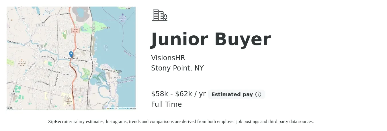VisionsHR job posting for a Junior Buyer in Stony Point, NY with a salary of $58,500 to $62,000 Yearly with a map of Stony Point location.