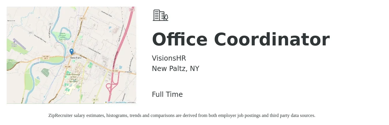 VisionsHR job posting for a Office Coordinator in New Paltz, NY with a salary of $26 to $28 Hourly with a map of New Paltz location.